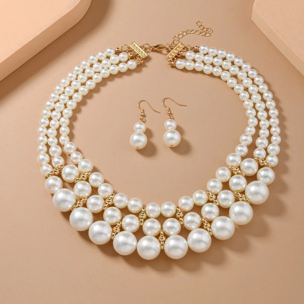 Bridal Wedding Jewelry Set New Fashion Multi layer Handmade Imitation Pearl Necklace and Earrings Women's Party Accessories