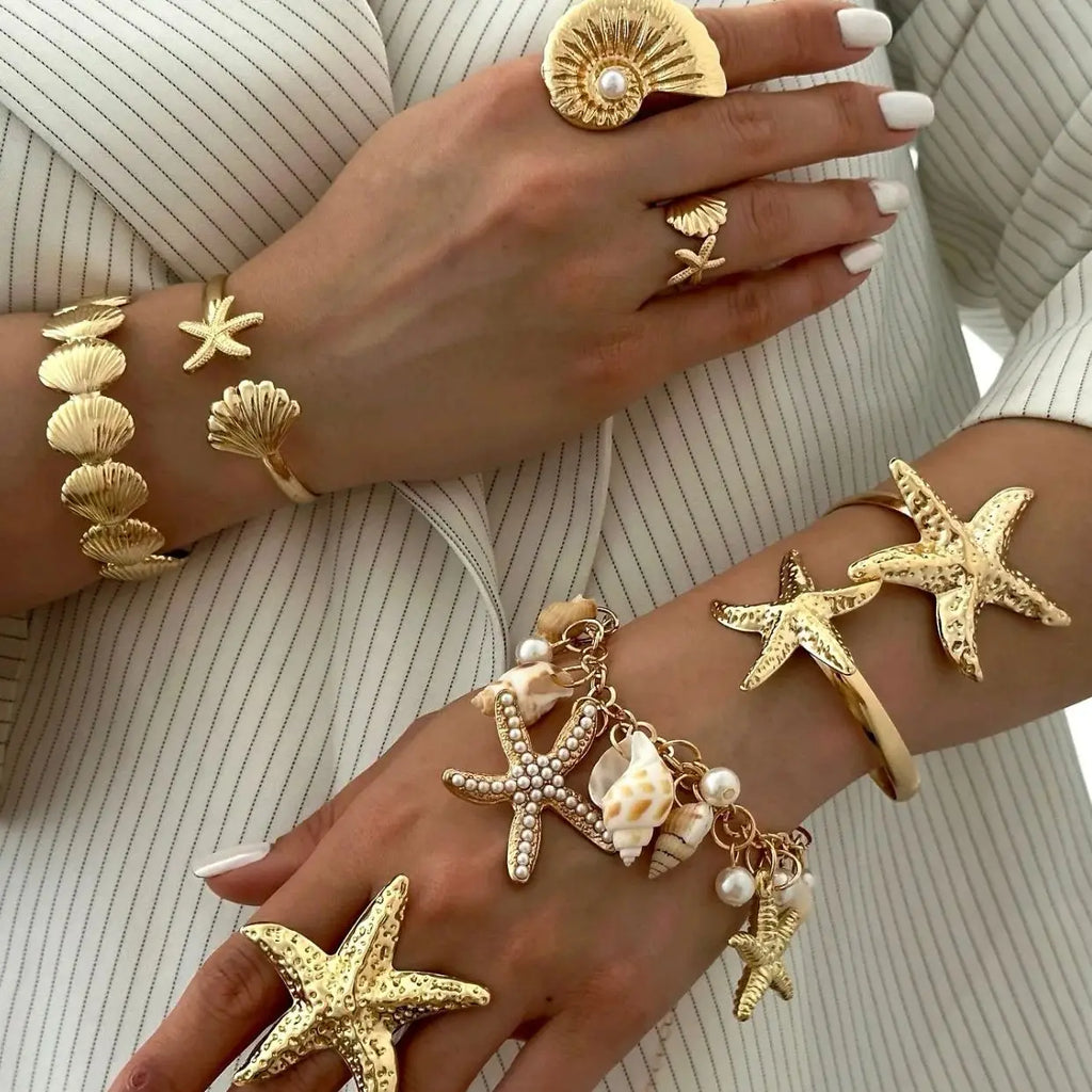DIEZI Hip Hop Punk Starfish Shell Cuff Bangles For Women Men Exaggerated Fashion Gold Silver Color Bangles Bracelets Jewelry