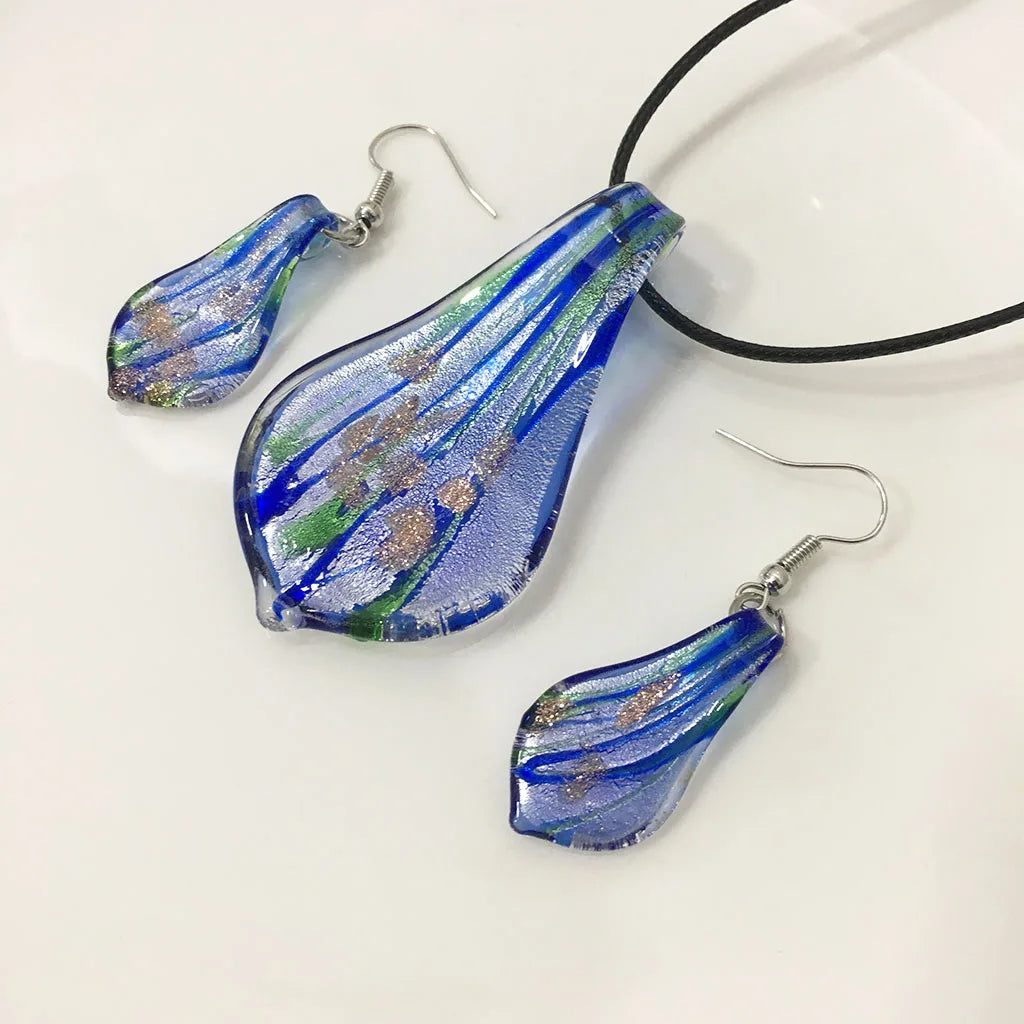 Fashion 3set   Glass Floral Leaf Shape Pendant Necklace Earrings Jewelry Set Handmade Personalized Jewelry for Women