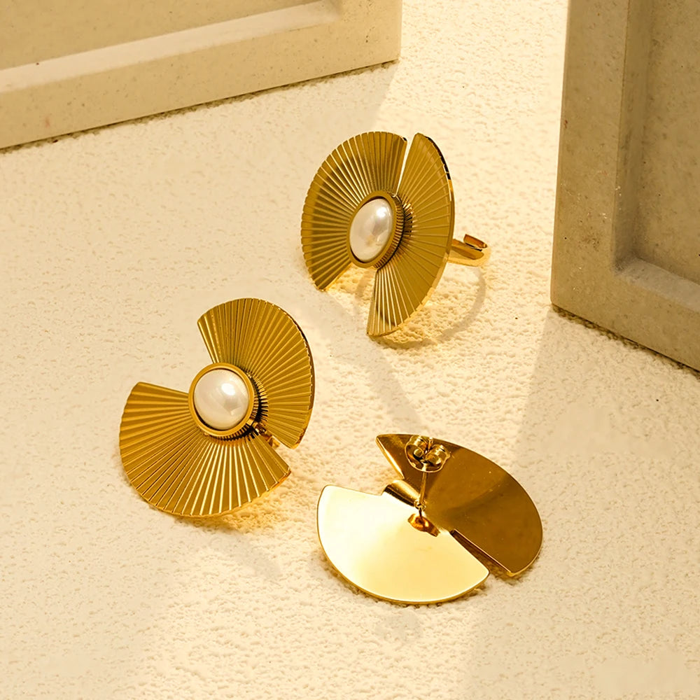 ENFASHION Aretes Flower Batch Pearl Stud Earrings For Women's Stainless steel 18K Gold Plated Fashion Ring Set Jewelry E251738