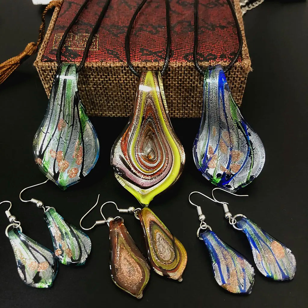 Fashion 3set   Glass Floral Leaf Shape Pendant Necklace Earrings Jewelry Set Handmade Personalized Jewelry for Women