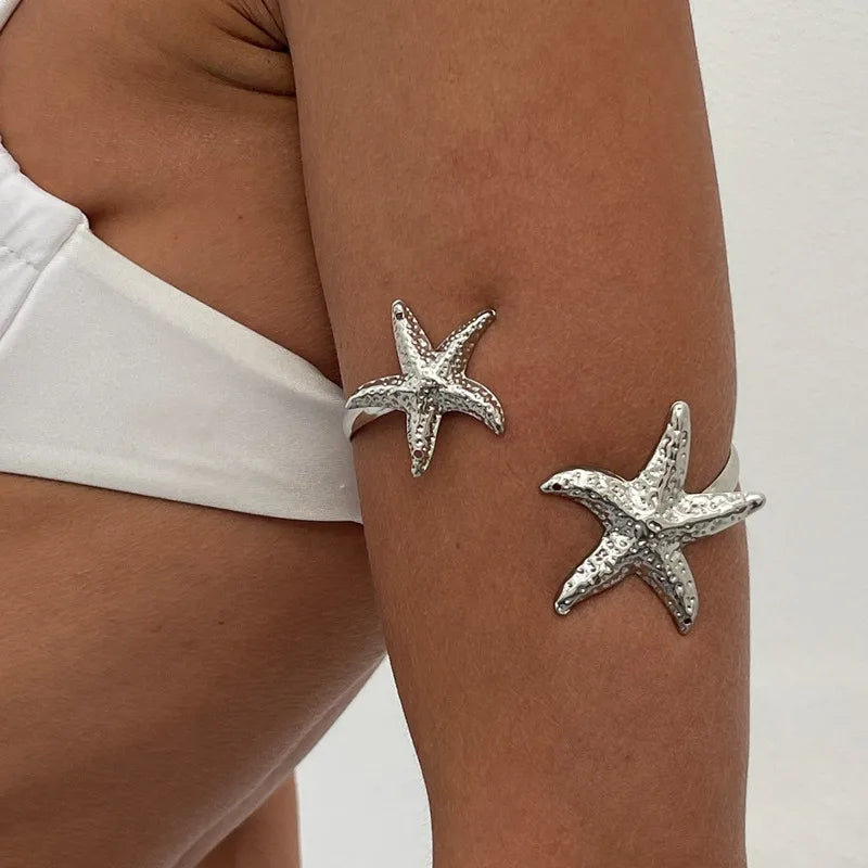 Trendy Metal Starfish Open Cuff Bangles for Women Elegant Flower Spiral Upper Arm Bracelet Boho Beach Vacation Jewelry Gifts