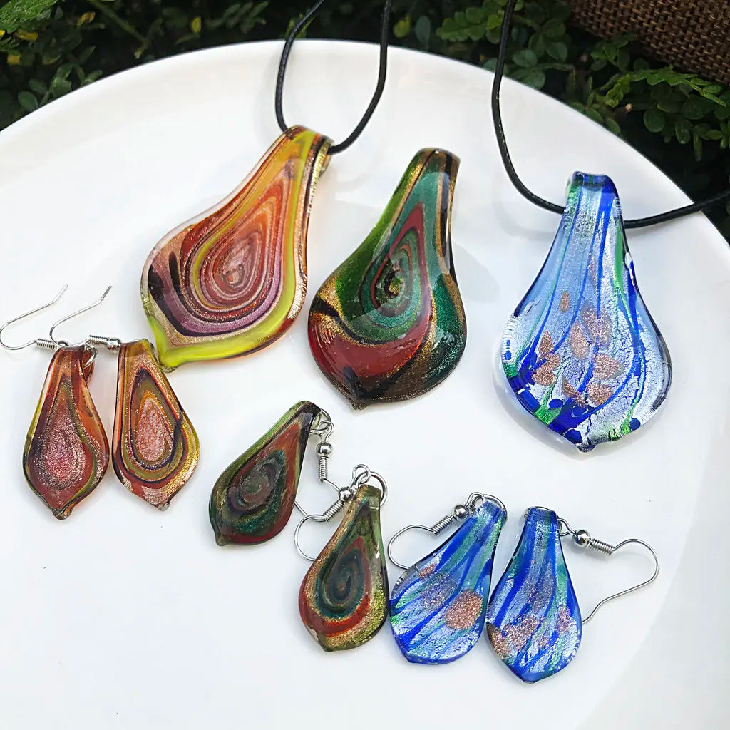 Fashion 3set   Glass Floral Leaf Shape Pendant Necklace Earrings Jewelry Set Handmade Personalized Jewelry for Women