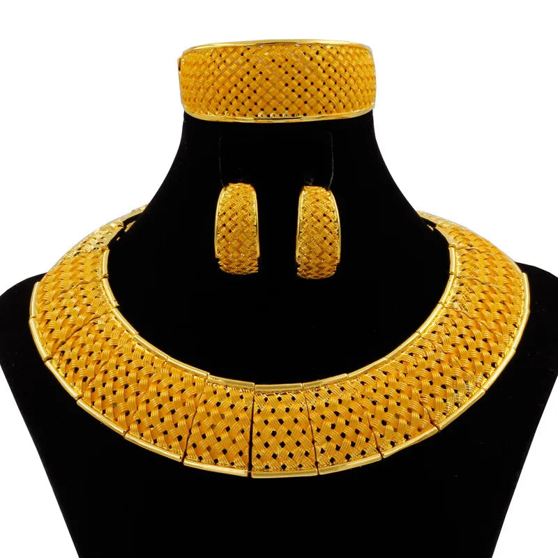 Fashion 24k Gold Color Necklace African Jewelry Sets for Women Nigerian Bridal Wedding Jewellery Bracelet Earrings Ring