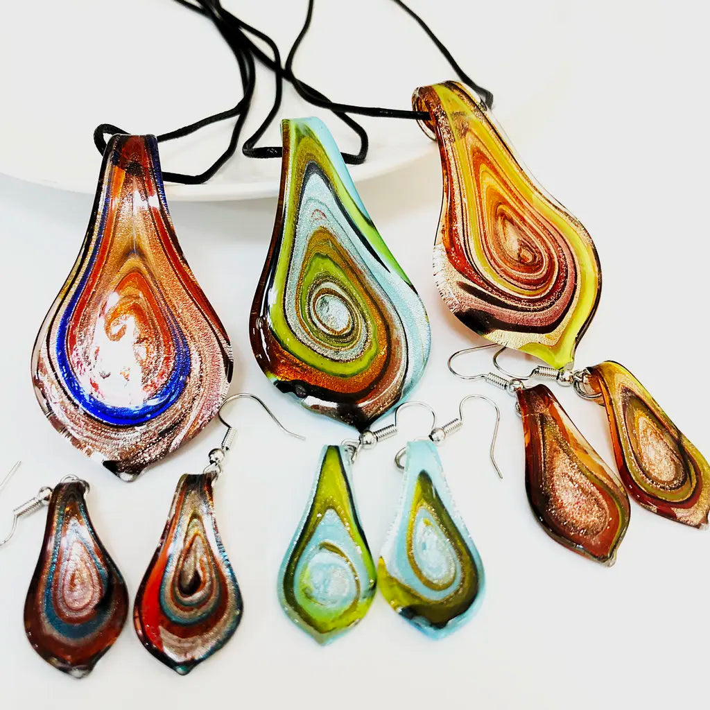 Fashion 3set   Glass Floral Leaf Shape Pendant Necklace Earrings Jewelry Set Handmade Personalized Jewelry for Women