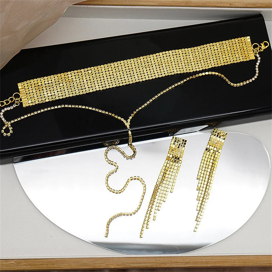 FYUAN Fashion Black Rhinestone Necklace Bracelet Earrings For Women Long Tassel Chain Necklace Lady Party Weddings Jewelry Sets