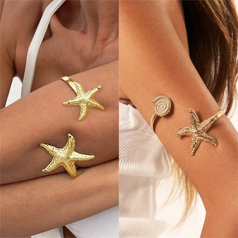 Trendy Metal Starfish Open Cuff Bangles for Women Elegant Flower Spiral Upper Arm Bracelet Boho Beach Vacation Jewelry Gifts