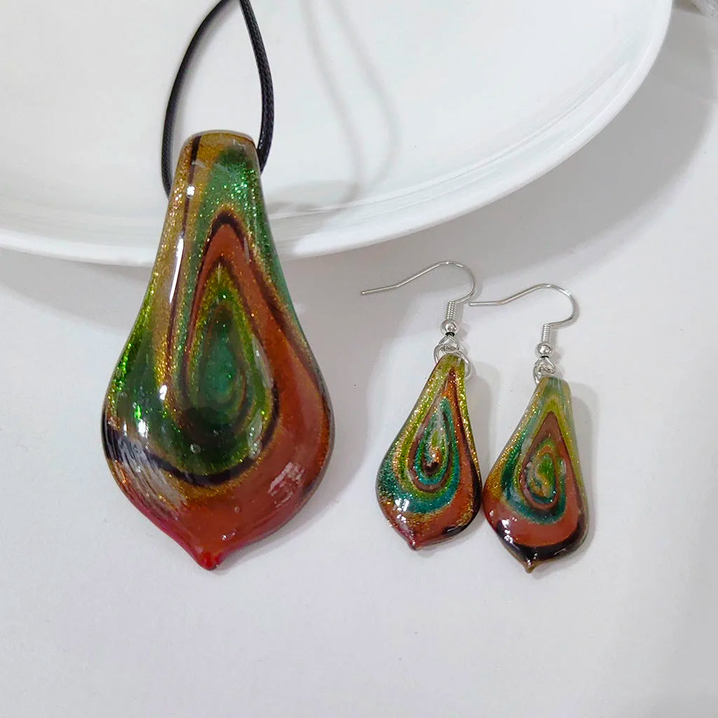 Fashion 3set   Glass Floral Leaf Shape Pendant Necklace Earrings Jewelry Set Handmade Personalized Jewelry for Women