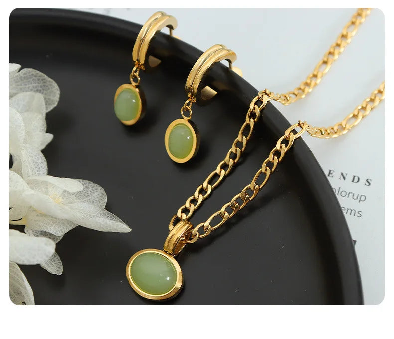Fashion Necklaces Earring For Woman Set Elegant Green Stone Pendant Poland Wedding Jewelry High Quality Fine Gift Wholesale