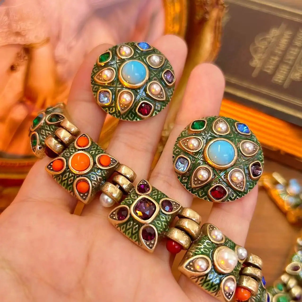 Fashion court gems color exaggerated enamel alloy medieval necklace earrings