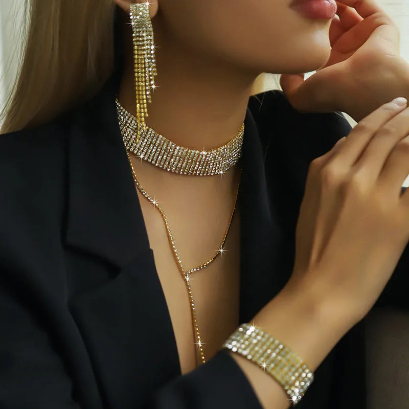 FYUAN Fashion Black Rhinestone Necklace Bracelet Earrings For Women Long Tassel Chain Necklace Lady Party Weddings Jewelry Sets