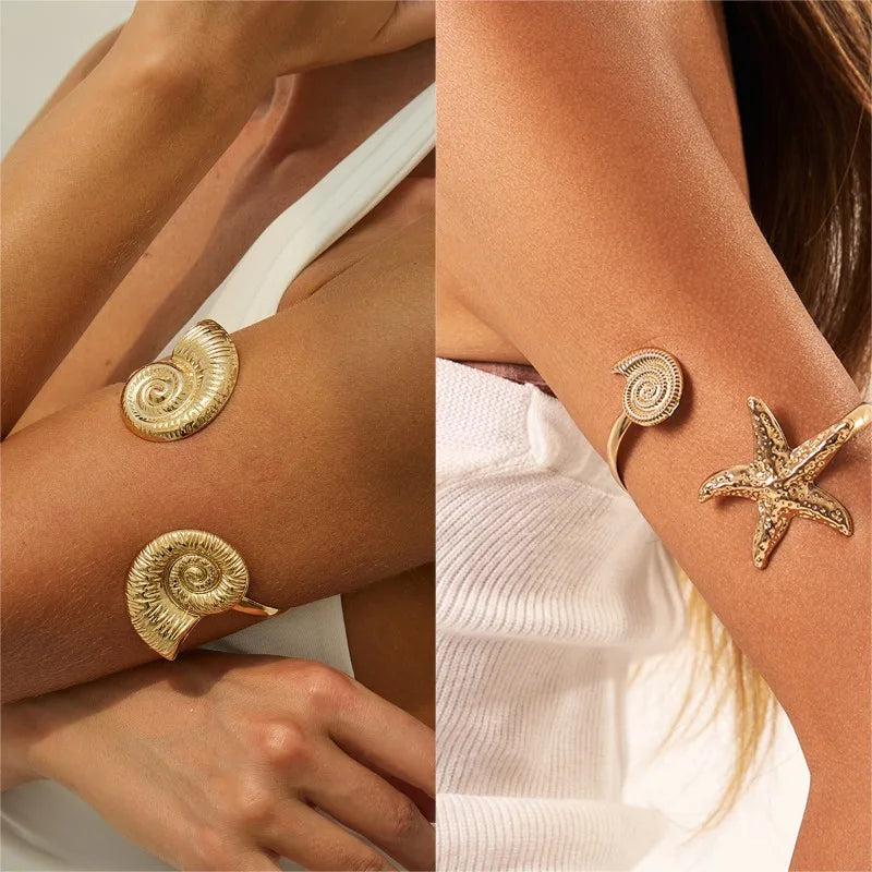 Trendy Metal Starfish Open Cuff Bangles for Women Elegant Flower Spiral Upper Arm Bracelet Boho Beach Vacation Jewelry Gifts