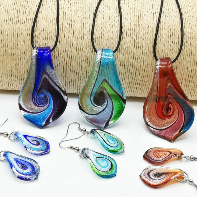 Fashion 3set   Glass Floral Leaf Shape Pendant Necklace Earrings Jewelry Set Handmade Personalized Jewelry for Women