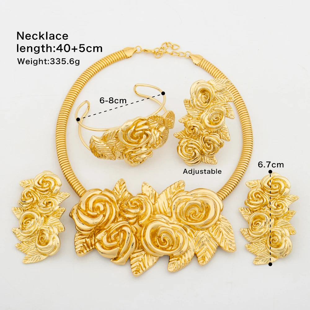African Fashion Flower Jewelry Set for Women Luxury Gold Color Big Hig Quality Earrring Necklace Bangle Ring Bride Christmas Gif
