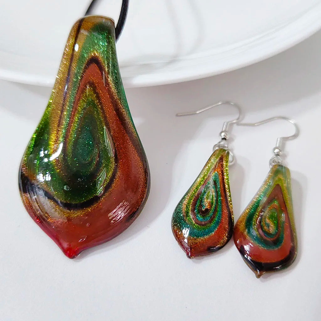 Fashion 3set   Glass Floral Leaf Shape Pendant Necklace Earrings Jewelry Set Handmade Personalized Jewelry for Women