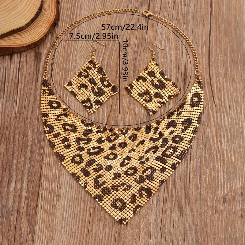 Fashion Leopard Print Jewelry Set 3pcs Sexy Bib Necklace & Dangle Earrings Vintage Elegant Design Versatile Stylish Accessories