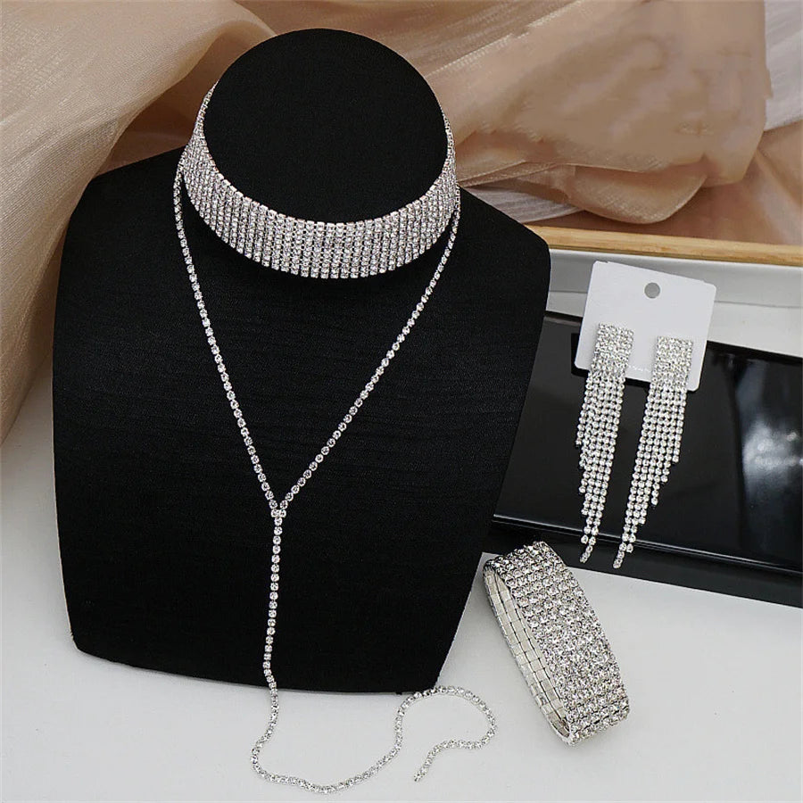 FYUAN Fashion Black Rhinestone Necklace Bracelet Earrings For Women Long Tassel Chain Necklace Lady Party Weddings Jewelry Sets