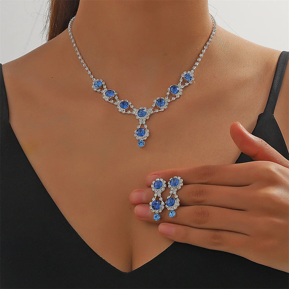 Fashion Necklace Earring Set Women Luxury Emerald Zircon Jewelry Crystal Waterdrop Pendant Choker Necklace Wedding Bride Jewelry