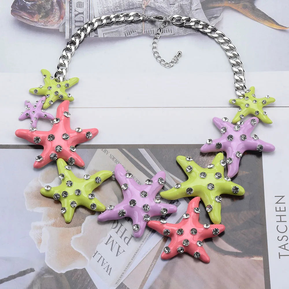 2025 New Fashion Enamel Starfish Necklace Earrings Women Jewelry Sets Indian Large Collar Metal Chain Choker Necklace Jewelry