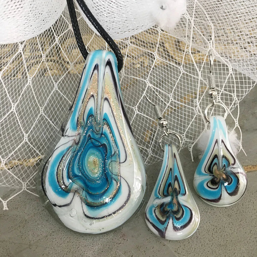 Fashion 3set   Glass Floral Leaf Shape Pendant Necklace Earrings Jewelry Set Handmade Personalized Jewelry for Women