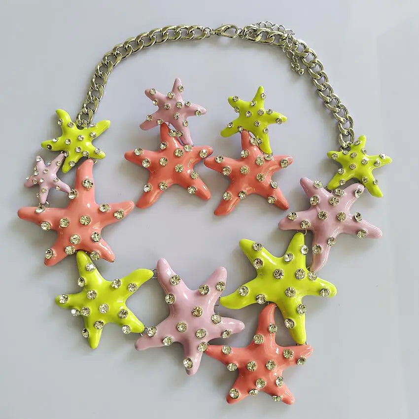 2025 New Fashion Enamel Starfish Necklace Earrings Women Jewelry Sets Indian Large Collar Metal Chain Choker Necklace Jewelry