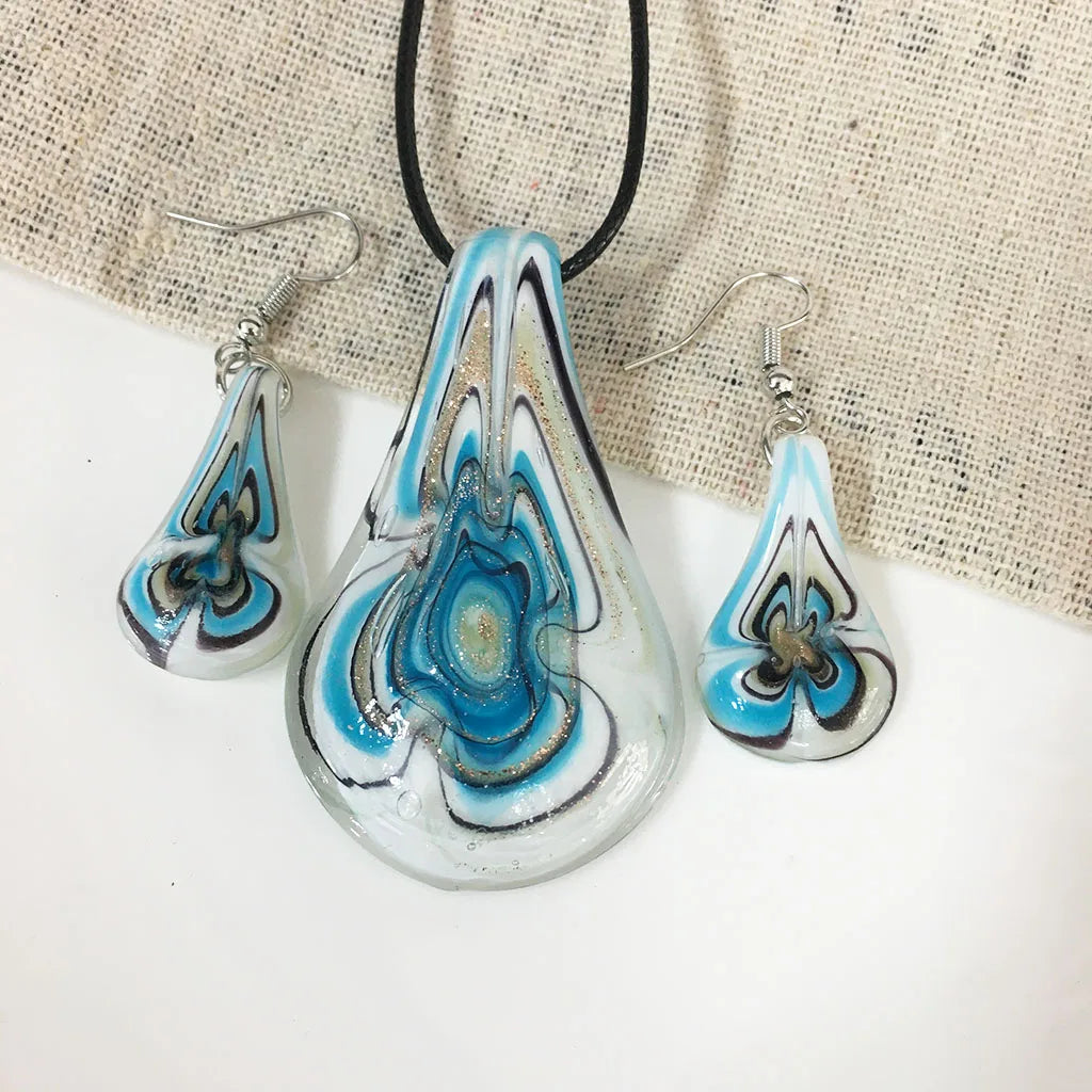 Fashion 3set   Glass Floral Leaf Shape Pendant Necklace Earrings Jewelry Set Handmade Personalized Jewelry for Women