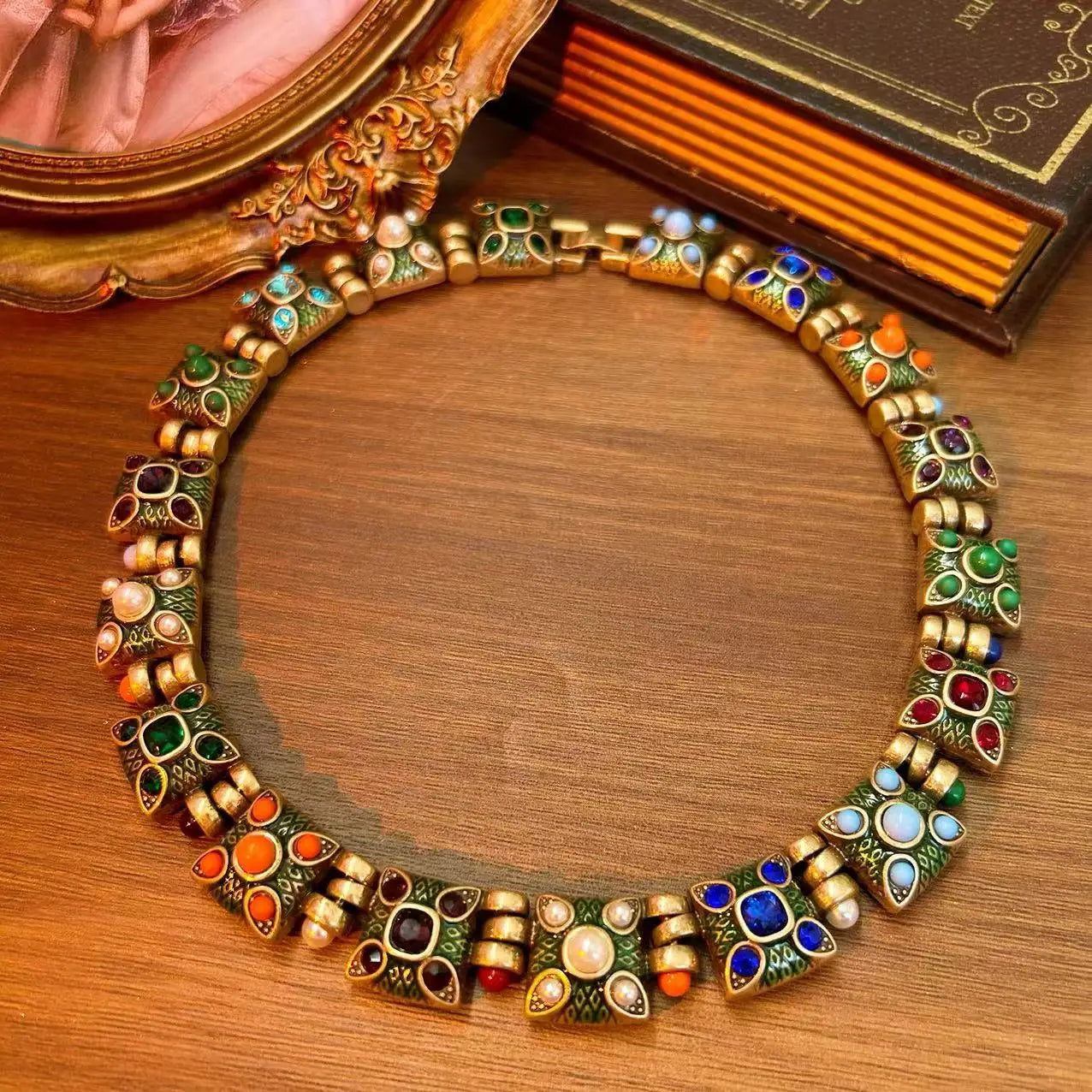 Fashion court gems color exaggerated enamel alloy medieval necklace earrings