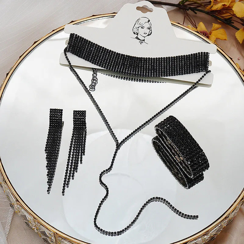FYUAN Fashion Black Rhinestone Necklace Bracelet Earrings For Women Long Tassel Chain Necklace Lady Party Weddings Jewelry Sets