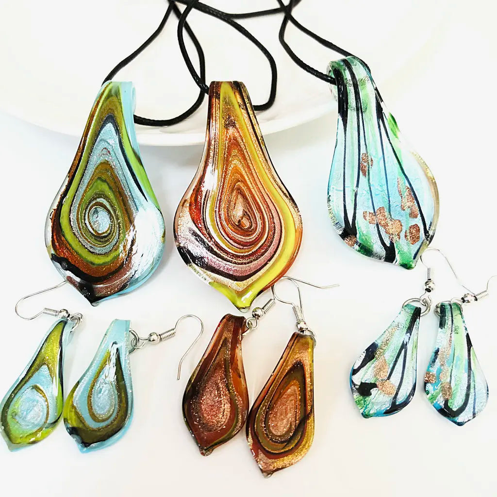 Fashion 3set   Glass Floral Leaf Shape Pendant Necklace Earrings Jewelry Set Handmade Personalized Jewelry for Women