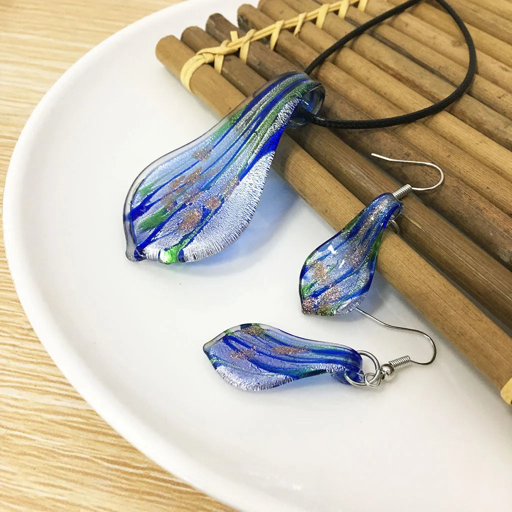 Fashion 3set   Glass Floral Leaf Shape Pendant Necklace Earrings Jewelry Set Handmade Personalized Jewelry for Women