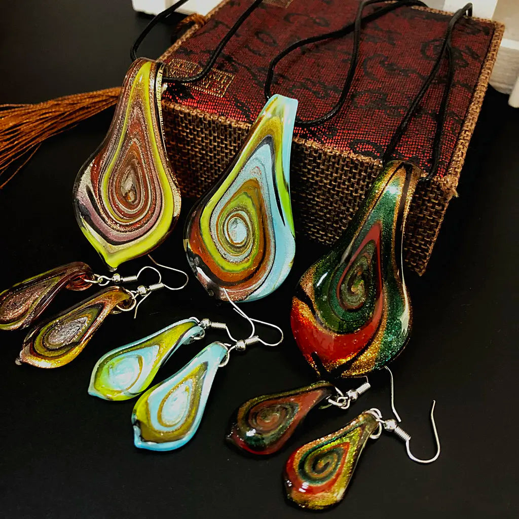 Fashion 3set   Glass Floral Leaf Shape Pendant Necklace Earrings Jewelry Set Handmade Personalized Jewelry for Women