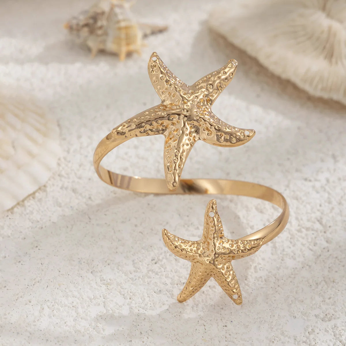 Boho Metal Starfish Open Cuff Bangles for Women Gold Color Punk Flower Geometric Arm Bracelet Summer Beach Party Jewelry Gifts