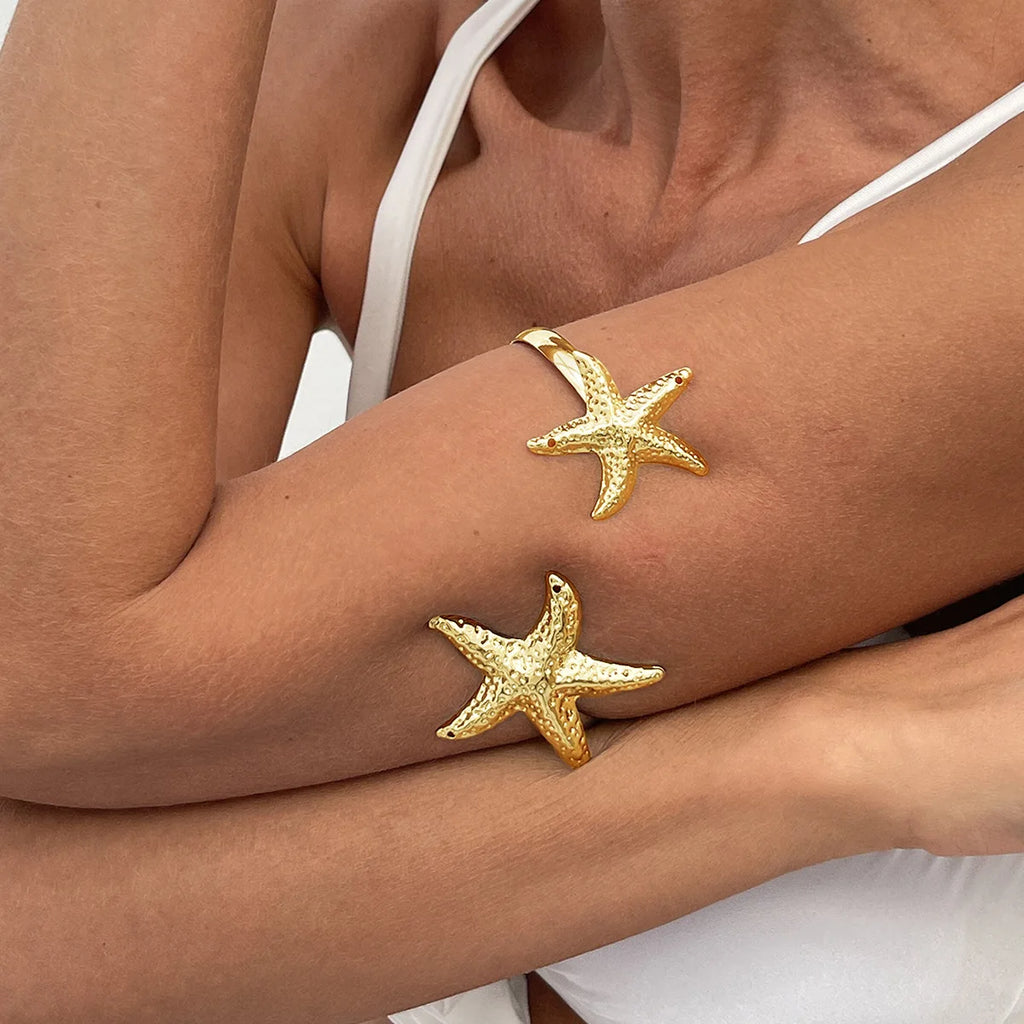 Boho Metal Starfish Open Cuff Bangles for Women Gold Color Punk Flower Geometric Arm Bracelet Summer Beach Party Jewelry Gifts