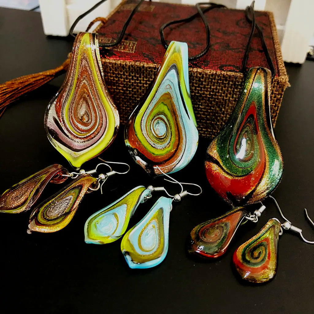 Fashion 3set   Glass Floral Leaf Shape Pendant Necklace Earrings Jewelry Set Handmade Personalized Jewelry for Women