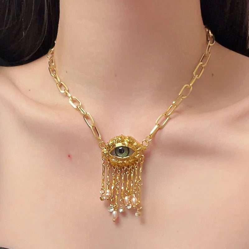 Fashion Jewelry Luxury Temperament Eye With Tassel Pendant Necklace For Women Party Gift Delicate Design Accessories Hot Selling