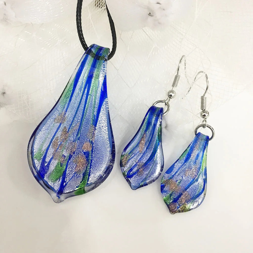 Fashion 3set   Glass Floral Leaf Shape Pendant Necklace Earrings Jewelry Set Handmade Personalized Jewelry for Women