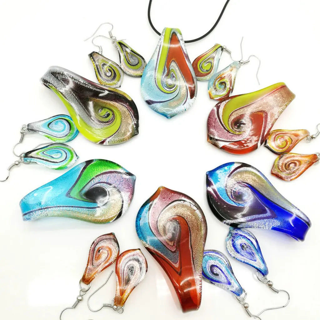 Fashion 3set   Glass Floral Leaf Shape Pendant Necklace Earrings Jewelry Set Handmade Personalized Jewelry for Women