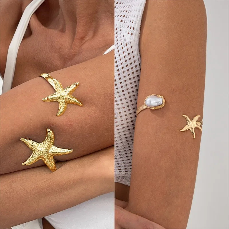 Trendy Metal Starfish Open Cuff Bangles for Women Elegant Flower Spiral Upper Arm Bracelet Boho Beach Vacation Jewelry Gifts