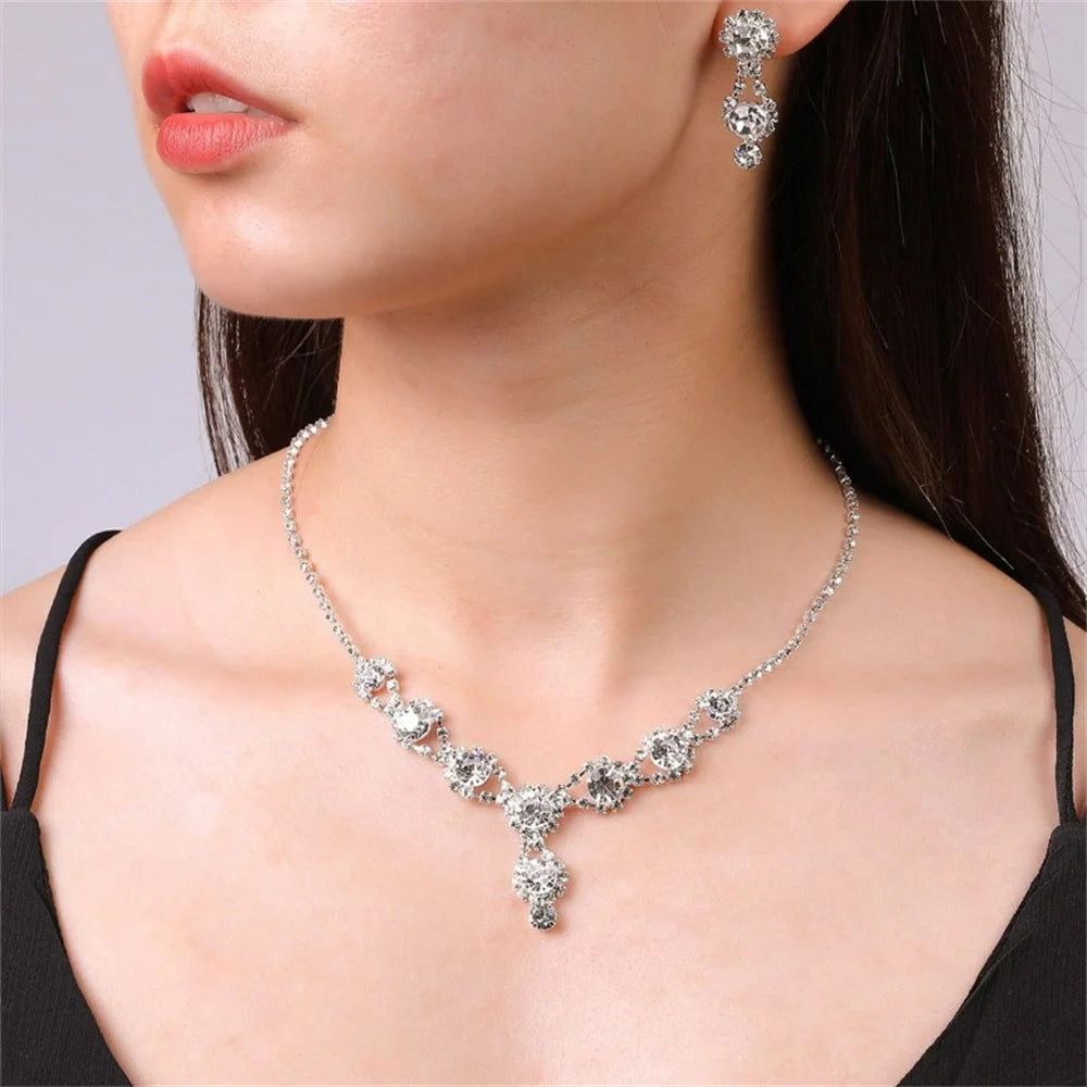 Fashion Necklace Earring Set Women Luxury Emerald Zircon Jewelry Crystal Waterdrop Pendant Choker Necklace Wedding Bride Jewelry