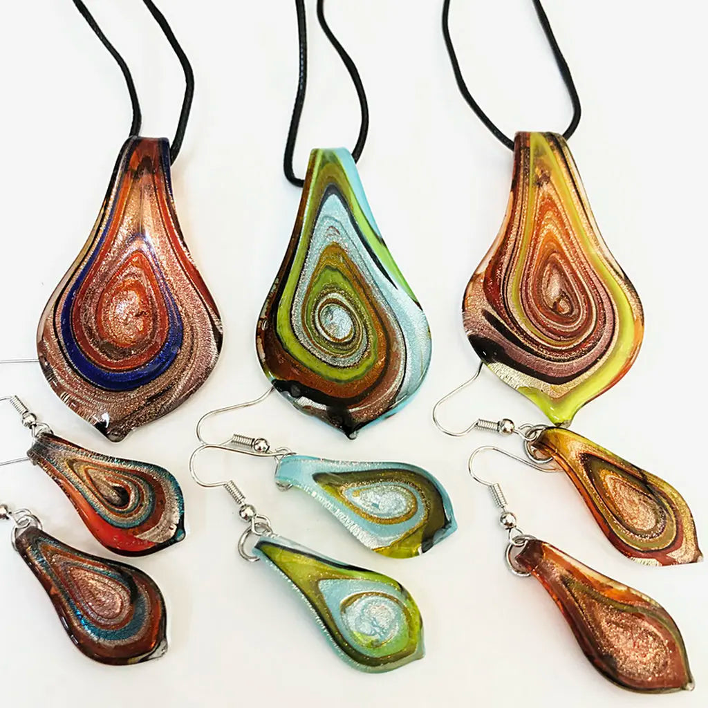 Fashion 3set   Glass Floral Leaf Shape Pendant Necklace Earrings Jewelry Set Handmade Personalized Jewelry for Women