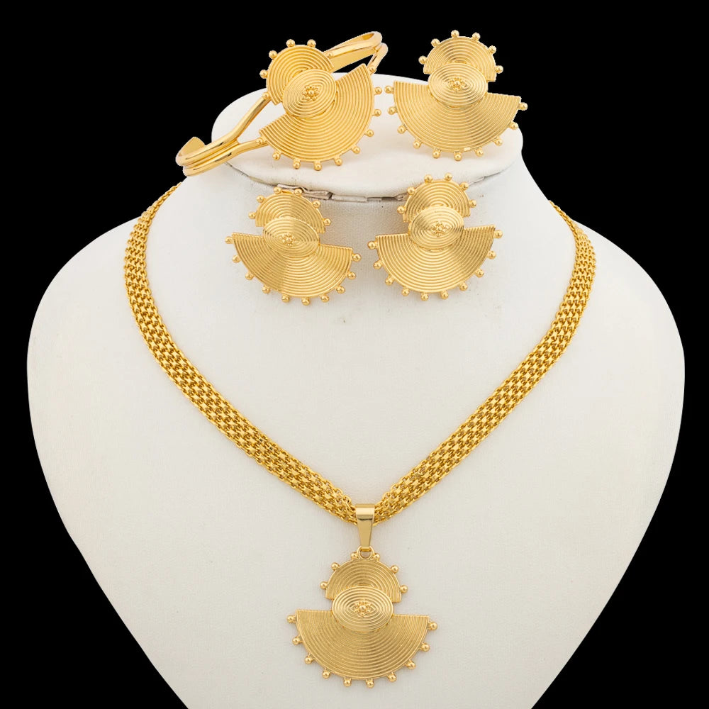 Fashion Women Jewelry Set for Accessories 18k Gold Color Earrings and Ring Bangle Ring Set for Engagement Party Accessories