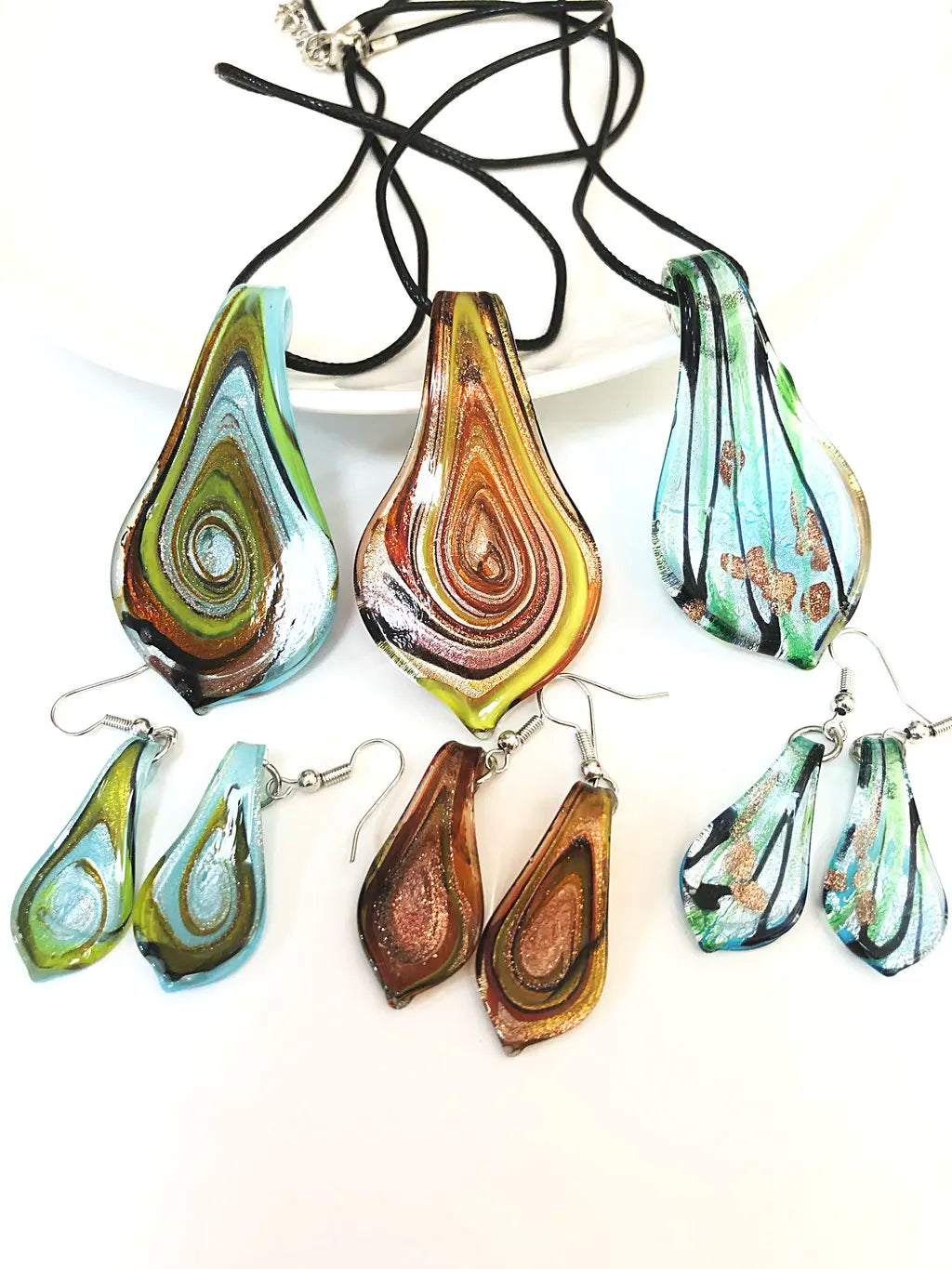 Fashion 3set   Glass Floral Leaf Shape Pendant Necklace Earrings Jewelry Set Handmade Personalized Jewelry for Women