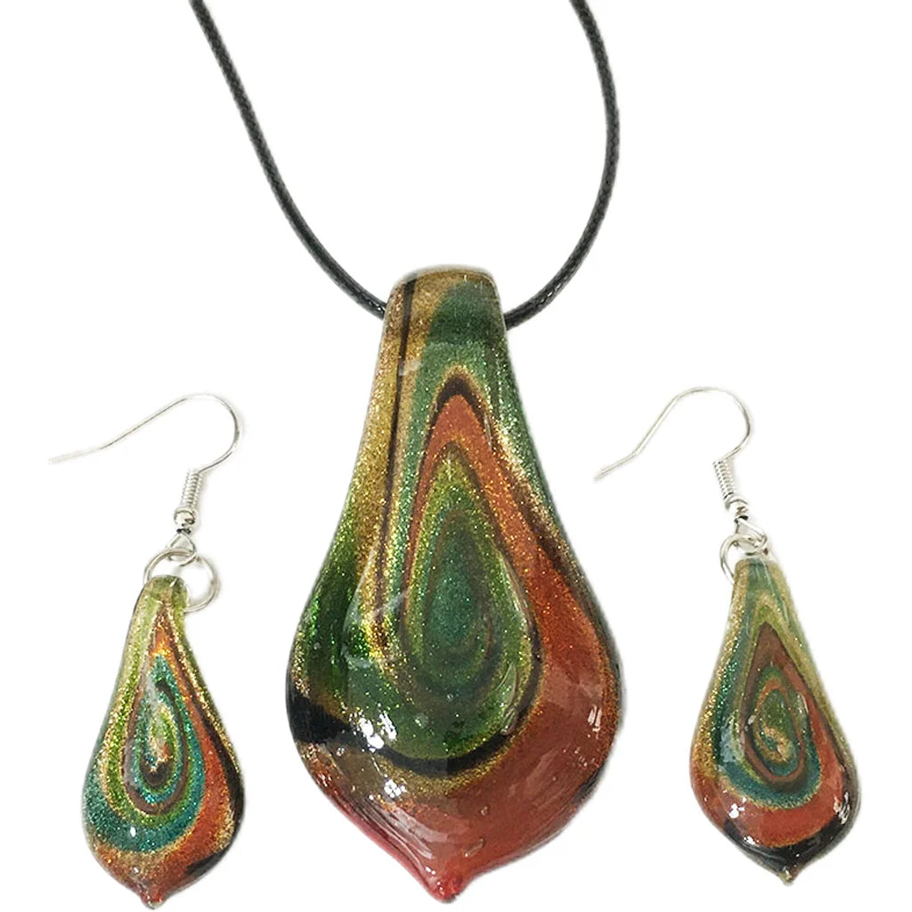 Fashion 3set   Glass Floral Leaf Shape Pendant Necklace Earrings Jewelry Set Handmade Personalized Jewelry for Women