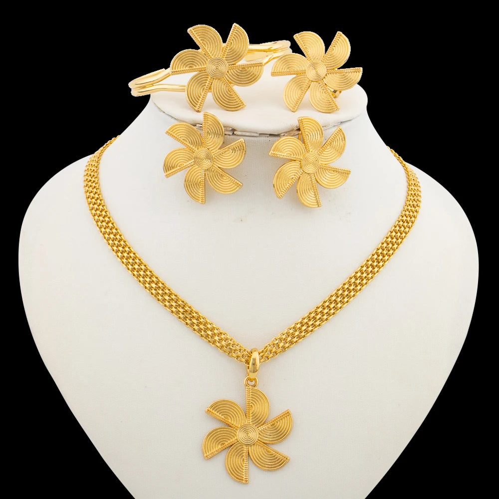 Fashion Women Jewelry Set for Accessories 18k Gold Color Earrings and Ring Bangle Ring Set for Engagement Party Accessories