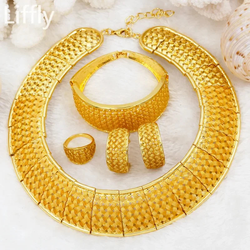 Fashion 24k Gold Color Necklace African Jewelry Sets for Women Nigerian Bridal Wedding Jewellery Bracelet Earrings Ring