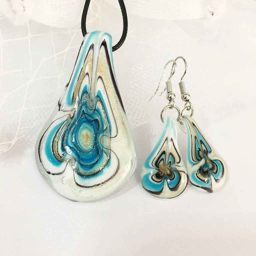 Fashion 3set   Glass Floral Leaf Shape Pendant Necklace Earrings Jewelry Set Handmade Personalized Jewelry for Women