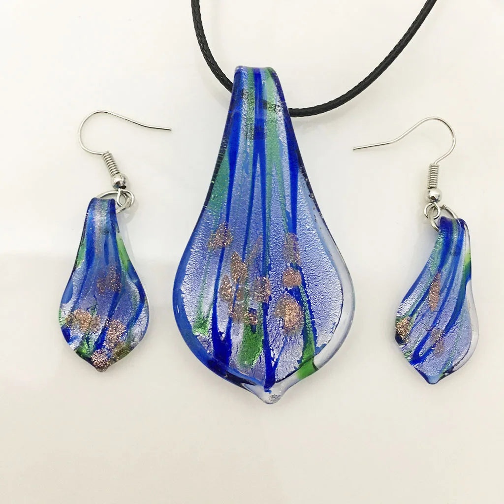 Fashion 3set   Glass Floral Leaf Shape Pendant Necklace Earrings Jewelry Set Handmade Personalized Jewelry for Women
