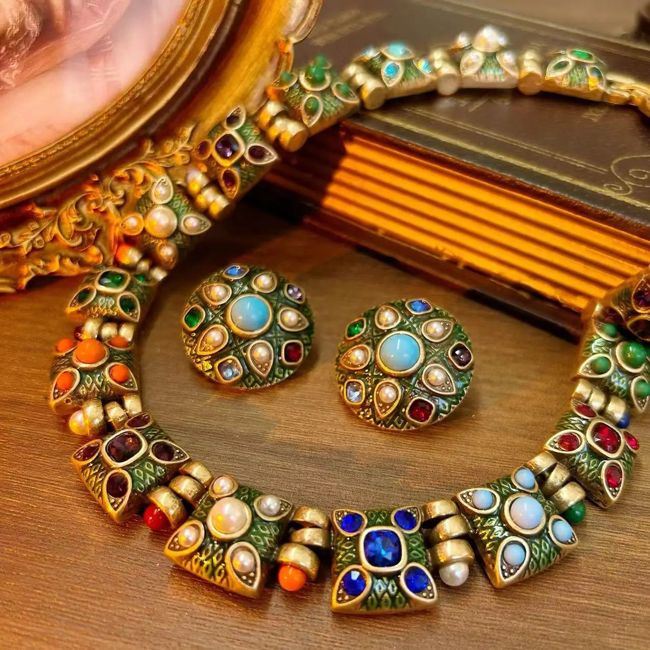 Fashion court gems color exaggerated enamel alloy medieval necklace earrings