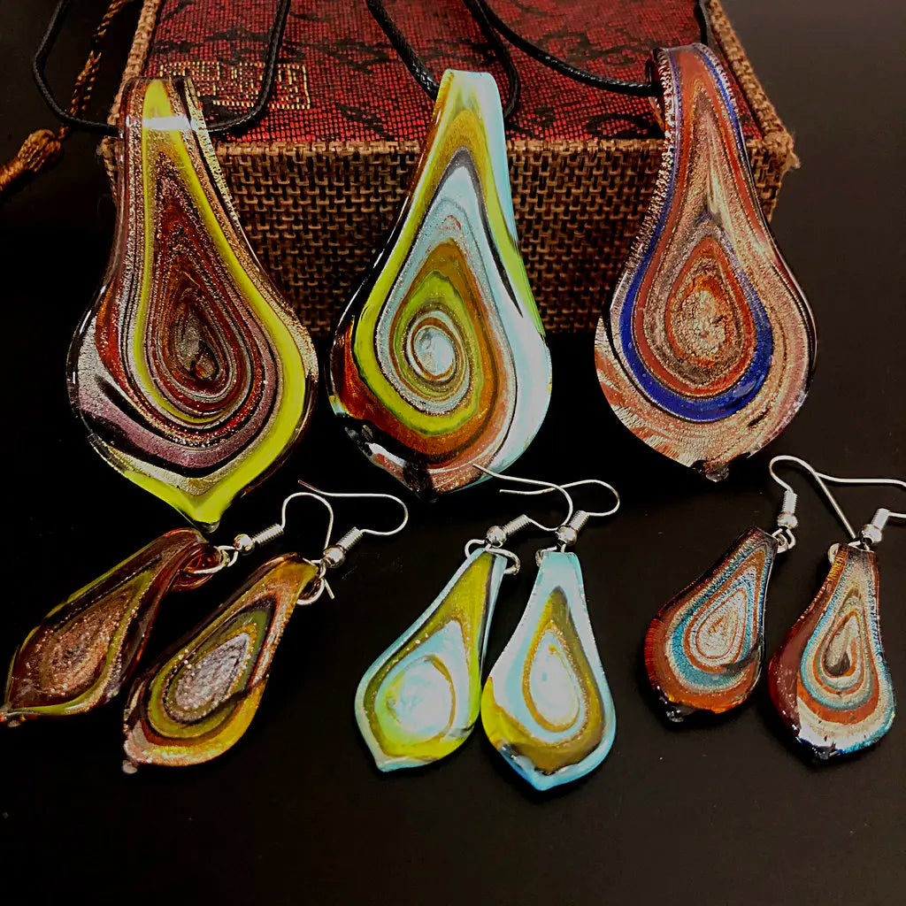 Fashion 3set   Glass Floral Leaf Shape Pendant Necklace Earrings Jewelry Set Handmade Personalized Jewelry for Women