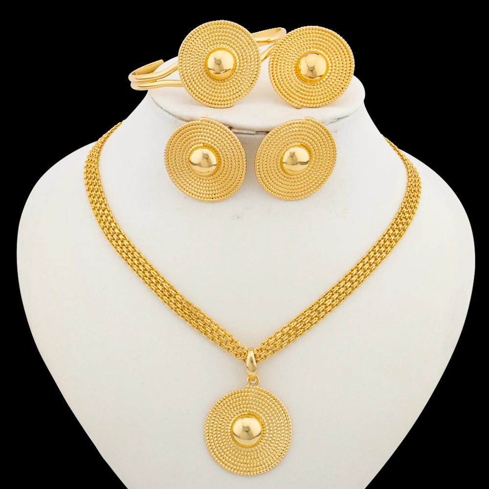 Fashion Women Jewelry Set for Accessories 18k Gold Color Earrings and Ring Bangle Ring Set for Engagement Party Accessories